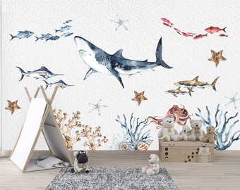 Ocean Life Wall Decal, Shark Wall Decal, Ocean Kids Room Decal, Shark Wall Stickers, Ocean Nursery Wall Decal, Under The Sea Wall Decal