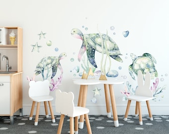 Décalcomanie murale tortue de mer, autocollant mural tortue de mer, décalcomanies murales tortue de mer, autocollant mural peau et colle pour enfants, autocollants muraux tortues pour enfants