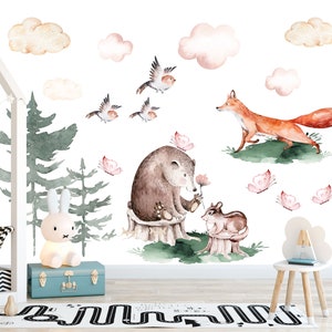 Watercolor Forest Animals Wall Decal: Scandinavian Nursery Decor