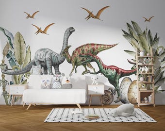 Giant Jurassic Dinosaur Family Wall Decal Set, Eggs Nursery Decor, Kids Room Mural