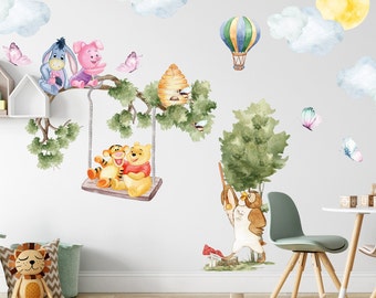 Calcomanía de pared de Winnie the Pooh para habitación de niños, pegatinas de pared para guardería con Piglet, Tigger, Burro, decoración de Winnie the Pooh en habitación de niños