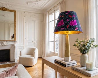 Navy Blue Magenta Floral Table Lamp, Conical Empire Shade, Gold Lining, Modern Parisian Decor