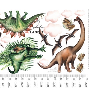 May include: Watercolor dinosaur wall decals featuring a green Stegosaurus, a brown Brachiosaurus, and flying Pterodactyls. Includes white clouds and fern accents. A ruler with inch and centimeter measurements is on the right side. The word "GIANT" is at the bottom.