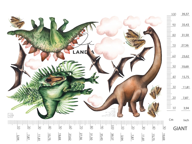 May include: Watercolor dinosaur wall decals featuring a green Stegosaurus, a brown Brachiosaurus, and flying Pterodactyls. Includes white clouds and fern accents. A ruler with inch and centimeter measurements is on the right side. The word "GIANT" is at the bottom.