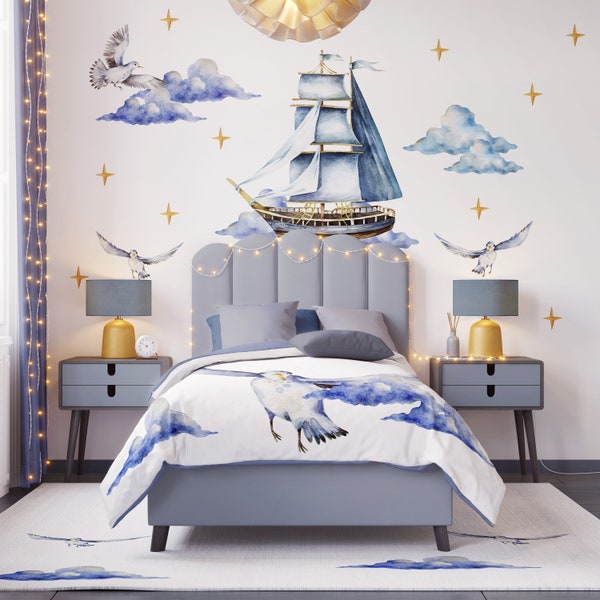Watercolor Pirate Ship Wall Decals Nautical Nursery Decor Sailboat Stickers Ocean Adventure Boys Art
