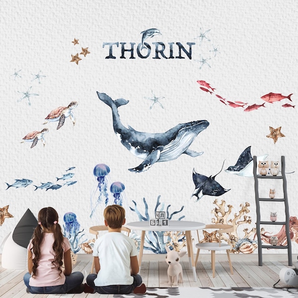 Vinilos decorativos de animales marinos: ballena, tortuga, medusa. Pegatinas de tela en acuarela. Arte infantil sobre la vida marina.