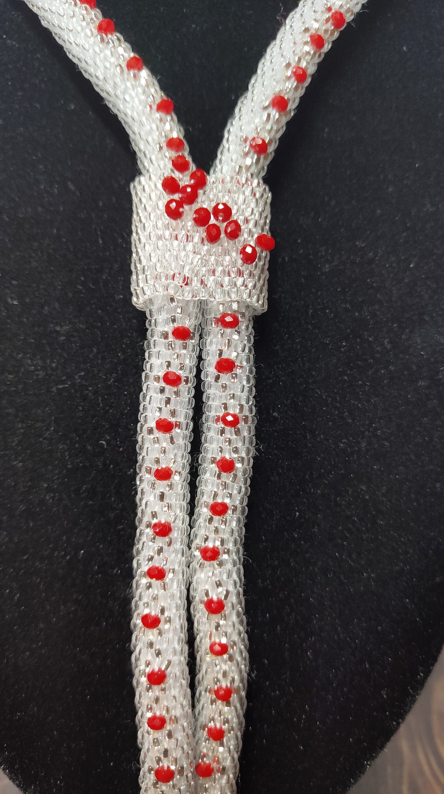 Beaded Rope Necklace. Long Beaded Necklace. White and Red Etsy UK
