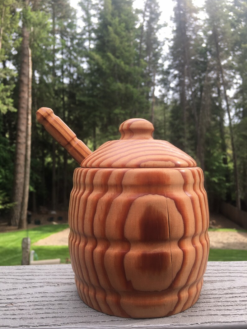 Hand turned wooden large Honey pot with lid and dripper. Etsy