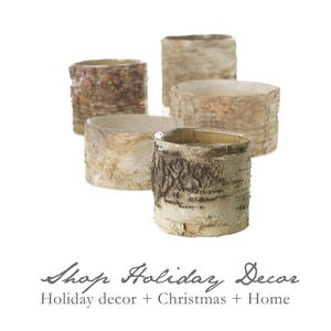 May include: Four natural birch bark cylinder vases, arranged in a row, with the largest vase in the back and the smallest in the front. The vases are made of natural birch bark and have a rustic, organic look.