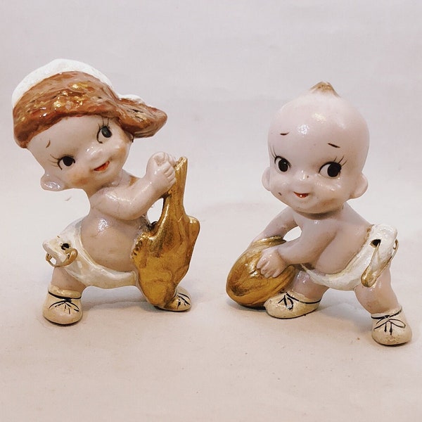 1950's sport diaper babies, Japan, ceramic, collectable, gold fish and football, figurines
