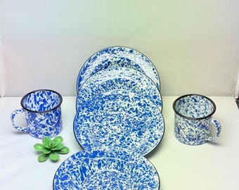 Enamelware blue spatterware, camping, dinnerware, vintage, dining and serving, home and living