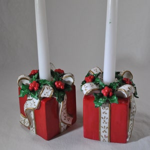Fun Christmas present candle holders, red presents, home décor, holiday, vintage, ceramic, ribbons and holly