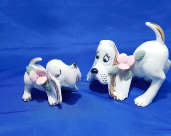 Silly Momma Hound dog and her puppy, vintage figurines, bone China