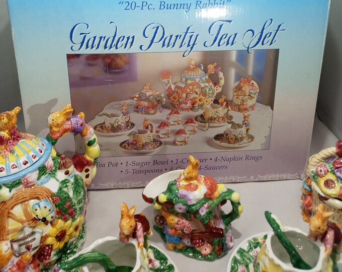20 Piece Bunny Rabbit Garden Party, Easter Tea Set or Spring, Ceramic