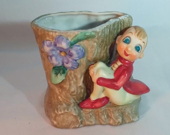 Acme Accents, Elf sprite pixie Gnome, Vintage, planter purple flower vase