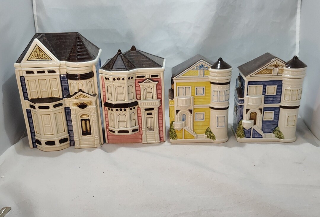 Victorian House Canister Set of 4, odigiri Japan, Ceramic, 1980's, for