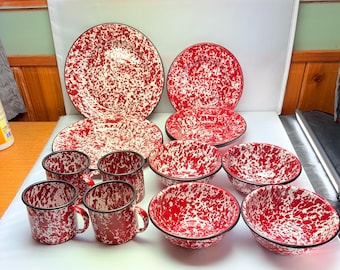 Juego de 16 platos de esmalte con salpicaduras rojas y blancas de estilo vintage, para camping, cocina y comedor.