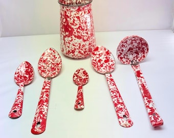 Enamelware, Red spatter ware, utensils and holder, vintage, camping, dining and serving