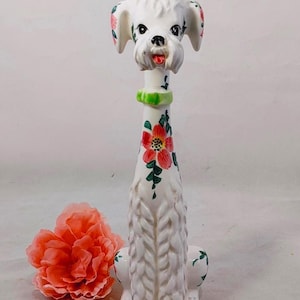 Vintage Lefton ceramic long neck poodle, white and floral, ceramic, figurines and knick knacks, home and living, #1066 B, 1950&#39;s