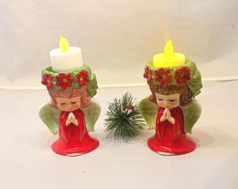 Vintage Lefton Christmas girl votive candle holder, poinsettia, Japan