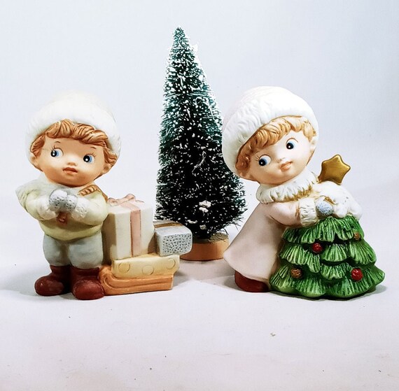 Vintage Homco Christmas Figurines Boy and Girl Santa's Etsy