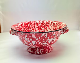Red and white enamelware colander, kitchen and dining, strainers, vintage