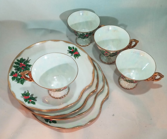 Vintage UCAGO Christmas China Set, Holly Berry Snack Plate, Tea