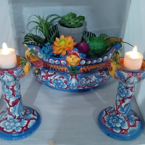 Vintage Planter and candle holders from Assisi Italy, blue and yellow, ceramic, handpainted