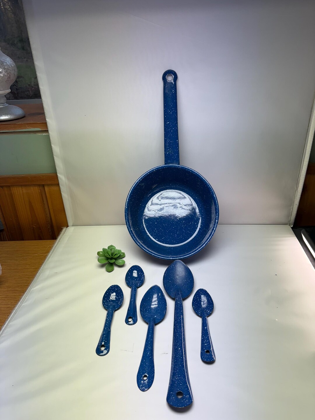 Enamelware Blue Spatterware Saucepan and Spoon Utensils, Camping ...