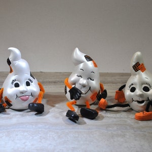 Trio of Halloween ceramic ghosts with bendable arms and legs for Halloween, vintage, funny expressions