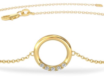 14k Gold Diamond Circle bracelet / five stone diamond bracelet / 14k gold diamond wristband / circle charm bracelet for gif