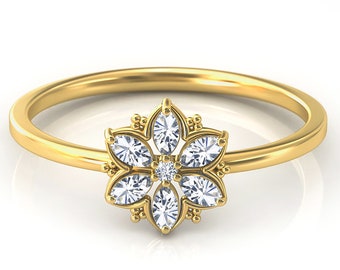 14K Gold marquise diamond ring / flower diamond ring  /marquise cut diamond flower band / affordable jewelry gift / tiny flower diamond band