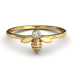 14k Gold Bumblebee diamond ring / solitaire diamond symbol of bee ring / honeybee ring  /diamond ring representing luck