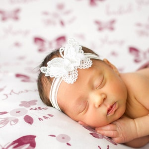BUTTERFLY LACE Headband, White Lace Chiffon Baby Hairband, Toddler Butterflies Bow Elastic Head Piece, Newborn Photo Prop Accessory,