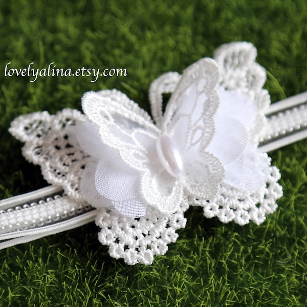 BUTTERFLY LACE Headband, White Lace Chiffon Baby Hairband, Toddler Butterflies Bow Elastic Head Piece, Newborn Photo Prop Accessory,