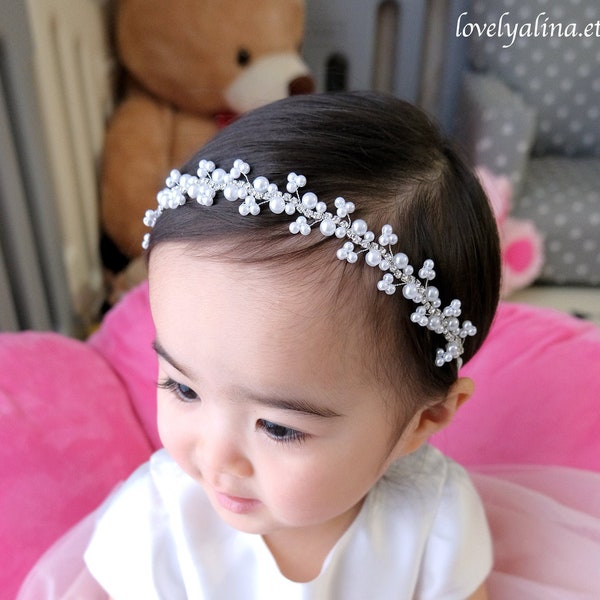Bandeau perle pour bébé fille, diadème en strass pour bébé, bandeau bijou, bandeau de baptême, tenue 1er anniversaire, bandeau couronne de fleurs