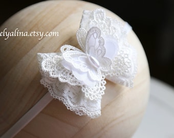 BUTTERFLY LACE BOW Headband, Off White Lace Chiffon Baby Hairband, Toddler Elastic Head Piece, Newborn Photoshoot Prop Accessory Outfit,