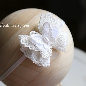 BUTTERFLY LACE BOW Headband, Off White Lace Chiffon Baby Hairband, Toddler Elastic Head Piece, Newborn Photoshoot Prop Accessory Outfit,