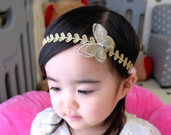 ANTIQUE GOLD BUTTERFLY & Leaves Baby Headband, Leaf Lace Newborn Wreath, Toddler Girl Golden Head Piece, First Birthday Kids Photoshoot Prop