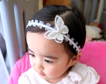 BUTTERFLY LACE Headband, White Baby Hairband, Toddler Elastic Head Piece, Infant Spring Head Band, First Birthday Outfit Photography Prop