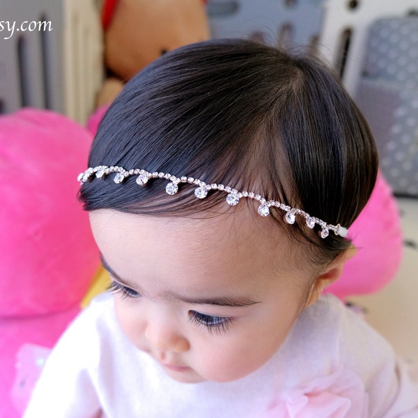 ROSE GOLD Rhinestone Baby Headband, Dainty Newborn Crown, Mini Tiara, Small Silver Girl Metal Head Band, Infant Jewel Photo Prop