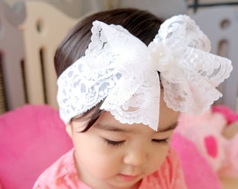 BIG LACE BOW Baby Headband, Soft Stretchy Girl Hairband, Baptism Head Band, Christening Head Piece, Toddler Oversized White Bows Headbands