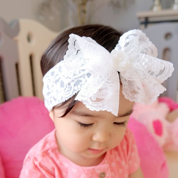 BIG LACE BOW Baby Headband, Soft Stretchy Girl Hairband, Baptism Head Band, Christening Head Piece, Toddler Oversized White Bows Headbands