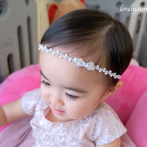 JEWEL BOW Newborn Baby Headband, Rhinestone Pearl Silver Hairband, Baptism Headband, Flower Girl Tieback Head Piece, Toddler Photo Prop