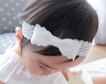 CLASSIC SMALL BOW Soft Elastic Lace Headband, Simple Baby Hairband, Girl Christening Headband, Baptism Head Band, Simple White Bow Hair Band