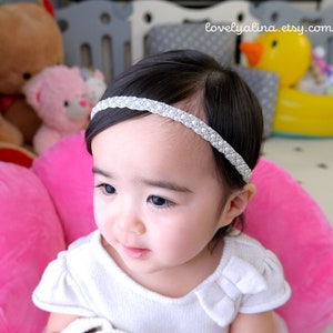 DAINTY PEARL Newborn Baby Headband, Girls Beaded Skinny Hairband, Toddler Head Piece, Infant Baptism Head Band, Christening Hair Band