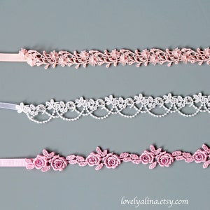 Spring Colored Newborn Tieback Headband, Baby Head Band, Pink Floral Photo Prop, White Flower Infant Girl Head Piece, Coral Hairband