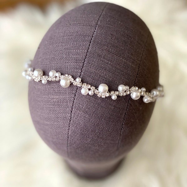 DAINTY PEARL RHINESTONE Baby Headband, Newborn Gold or Silver Jewel Hairband, Flower Girl Crown Tiara Head Band, Baptism Toddler Head Piece