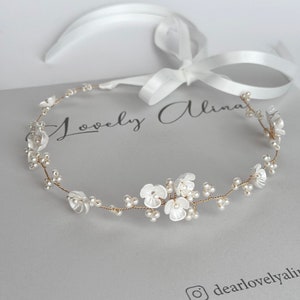 Flower Pearl Crown Newborn Headband, Toddler Hairband, Flower Girl Wreath, Birthday Head Band, Baptism Head Piece, Christening Hair Band
