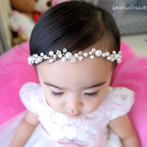 PEARL CROWN BABY Girls Headband, Toddler Hairband, Flower Girl Wreath, Adult Head Band, Baptism Head Piece, Christening Hair Band